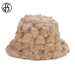 FS Vintage Pineapple Pattern Rabbit Fur Bucket Hat for Men and Women - Wide Brim, Khaki and White, Warm Winter fluffy bucket hat for Outdoor Activities and Panama Cap Sombrero (230825)