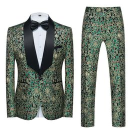 Men s Suits Blazers Mens Green Luxury 3 Pieces Suit Slim Fit Single Button Dress Blazer Vest Pants Set Floral Pattern Party Prom Stage Tudexo 230826