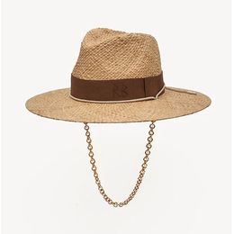 Wide Brim Hats Bucket Chain Strap Straw Fedora Hat Embellished Beach with For Women Woven Sun Summer Holidaty Panama 230825