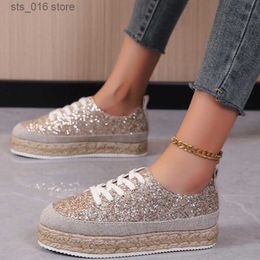 Dress Shoes Women Sneakers Woven Edge Sequins Gold Single Shoes Round Head Lace-Up Retro Platform Shoes Light Cosy Walking Vulcanised Shoes T230826