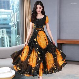 Party Dresses Elegant Lady Printing Black Long Dress Women 2023 Small Waisted Printed Large Swing Summer Vestidos Elegantes Para Mujer