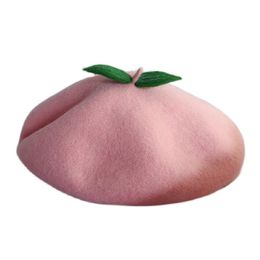 Berets Handmade Pink Peach Fruit Women Girls French Beret Autumn Winter Fashion Green Leaves Wool Felt Cute 230825