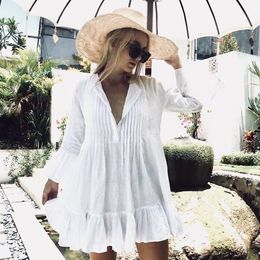 Dresses Happie Queens Women White Long Sleeve Vneck Beach Ruffles Fold Bohemian Mini Dress Ladies Button Boho Sundress Coverups