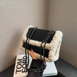 Evening Bags Retro Chain Shoulder for Women PU Leather Fleece Flap Handbag Tote Fashion Female Faux Suede Splicing Crossbody Bag Purses 230826