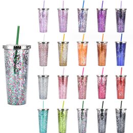 The latest 24OZ glitter powder double-layer plastic straw coffee mug, many styles to choose from, and any logo can be customized