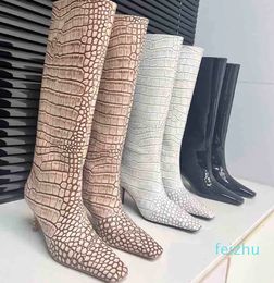 Embossed Leather knee Boots Pointed toe Stiletto heels women's luxury designer Fashion ins Booties Mid calf calfskin shoes factory footwear Size 35-41