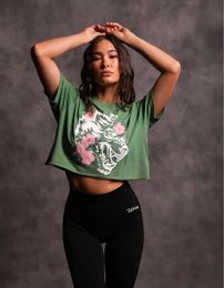 DARCSPORT Wolf Head Cherry Blossom Short Yoga Sleeve Women's Summer Pure Cotton T-shirt Sports Fitness Suit