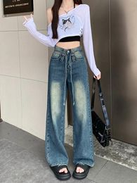 Women's Jeans Real time po of deep blue retro high waisted straight leg jeans for women in the autumn 2023 draped wide mop pant 230825