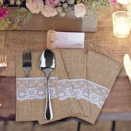 Wedding Table Decoration Vintage Jute Lace Tableware Bag Fork and Knife Burlap Holder Cutlery Pocket ZZ