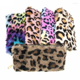 Wallets Women Fashionable Leopard Faux Fur Wallet Cell Phone Holder Woman Money Clip Fluffy Clutch Purse For Girls
