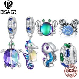 Bracelet Bisaer Sterling Sier Dazzling Sea Animals Charm Bead Seahorse Turtle Crab Pendant for Women Diy Bracelet Necklace Jewelry