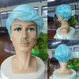 Synthetic Wigs Short Straight Light Blue Wig Synthetic With Bangs Cosplay Halloween Wigs For Men Boy Daily Wear Nature Heat Resistant Fake Hair x0826