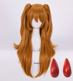 Cosplay Wigs High Quality EVA Asuka Langley Soryu Cosplay Wigs Long Orange With 2 Ponytail Clips Heat Resistant Synthetic Hair Wig Wig Cap 230826