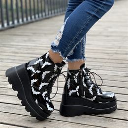 Boots Women Bat Pattern Platform Boots Punk Style Platform Lace Up Ankle Boots Wedge Heeled Y2K Style Shoes 230825