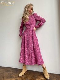 Basic Casual Dresses Clacive Casual Loose Print Women's 2023 Fashion O-Neck Long Sleeve Office Women's Midi Dress Retro Classic Women's Wear T230825