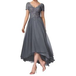 Mother of The Bride Dresses with Short Sleeves for Wedding V Neck Elegant Long Formal Evening Party Dresses Hi-Lo Chiffon Lace