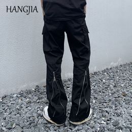 Men s Pants Hip hop Black Cargo Flared Pant Harajuku Streetwear Back Zip Up Joggers Men Loose Casual Wide Leg Trousers for Women 230826