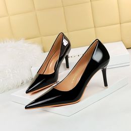 Sexy Simple Slim Heel High Heel Shiny Lacquer Leather Shallow Mouth Pointed Women's Shoe High Heel Single Shoe Size 34-43