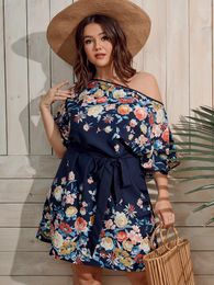 Plus Size Dresses Finjani Women's Floral Print Batwing Sleeve Belted Dress 2023 Summer Fashion