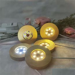 Other Home Decor Wooden Led Light Dispaly Base Usb Rechargeable Crystal Glass Resin Art Ornament Wood Night Lamp Holder Display Drop Dhmbb