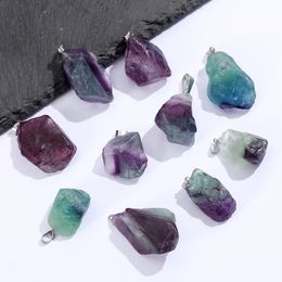 Green Purple Fluorite Pendant Irregular Crystal Natural Raw Stone Charms for Necklace Earrings Jewellery Making Accessory