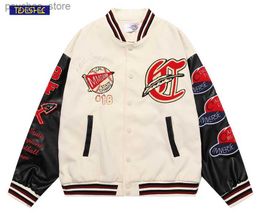 Men's Casual Loose Fashion Jacket Streetwear Hip-hop Oversized Coat Contrast Color Patchwork PU Leather Sleeves Baseball Uniform Q230826