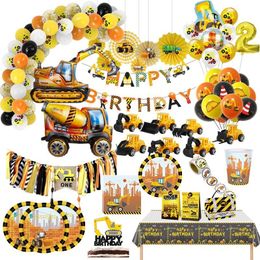 Other Event Party Supplies Construction Vehicle Decorations Excavator Inflatable Balloons Disposable Tableware Set Kids Boys Birthday 230825