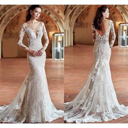 Custom Made Arabic Aso Ebi White Mermaid Wedding Dress V Neck Lace Appliques Sexy Stunning Long Sleeves Bridal Gowns 328 328