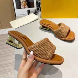 Designer Slides Slippers For Woman Weave Heel Fabric Sandals Sculptural Heels Mule Flip Flops Cut-out Heeled Slider Summer Rubber Sole