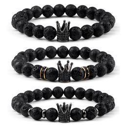 Bangle Vintage CZ King Crown Charm Bracelets For Men 8mm Natural Black Lava Stone Beads Stretch Bracelets Fashion Women Healing Jewelry 230826