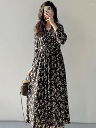 Casual Dresses 2023 Spring Summer Long Sleev Print V-Neck Dress Button Flowy A-Line High Waist Floral