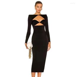 Casual Dresses Sexy Hollow Out Long Sleeve Midi Bodycon Bandage Dress Vestidos Elegantes Para Mujer Night Club Outfit Evening Party