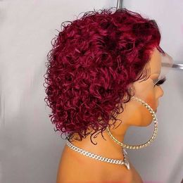 Synthetic Wigs Pixie Cut Wig Short Bob Curly Human Hair Wigs Cheap 13X1 Transparent Lace 99J Burgundy Water Deep Wave Lace Front Wig For Women x0826