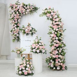 Decorative Flowers Wreaths Artificial Flower Row Wedding Floral Arch Arrangement Luxury Pink Rose Road Guid Ball Wall Backdrop Welcome Sign Decor 230825