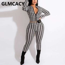 Women's Jumpsuits Rompers Women Houndstooth Printed Long Sleeve Zip Up Slim Jumpsuit Elegant Chic Overalls T230825