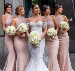 2023 High Quality Dusty Pink Bridesmaid Dress Halter Neck Garden Country Formal Wedding Party Guest Maid of Honor Gown Plus Size Custom Made