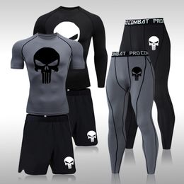 Men's Tracksuits Men Compression Set MMA Long or Short Sleeve T-shirt Men's Tight Pants Fitness Bodybuilding Clothes Skull Rashguard Sports Suits 230825