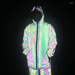 Men's Trench Coats Mid-Length Reflective Windbreaker Coat Hooded Hip Hop Jackets Night Reflect Light Colourful Hoodie