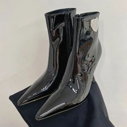 Crystals Patent Leather Ankle Boots Pointy Toe Shoes For Women Zipper Short Boots Black Rhinestones High Heels Shoes