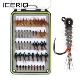 Baits Lures ICERIO 48PCS Nymph Kit Tungsten Copper Beadhead Jig Euro Nymphs Barbless Hook Perdigon Trout Fishing Fly Lure 230825