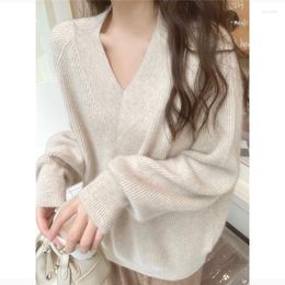 Women's Sweaters Elegant Simple Solid Knitting Raglan Sleeve Pullover Sweater Casual Loose V-neck Languid Lazy Knit Bottom Shirt Tops