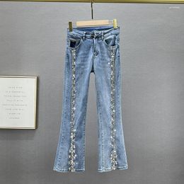 Women's Jeans Denim Bootcut Trousers 2023 Spring Stretchy Blue Girls Lady High Waist Slim Rhinestone Cropped Slit Jean Pants