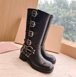 Designer Boots Harness Belt Buckled Cowhide Leather Biker Knee Boots Chunky Heel Zip Knight Boots Fashion Square Toe Ankle Booties Western Boots Size 35-41