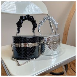 Evening Bags High Quality Pu Leather Round Hand Ladies Designer Small Shoulder Purses Black Silver Lattice Luxury Handbags For Women 230826