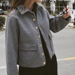 Women's Wool Blends Garaouy Spring Women's Grey Tweed Jacket Chic Single Breasted Lapel Pocket Coats Female Casual Office Versatile Outwear 230825