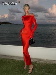 Basic Casual Dresses TiulZial Red Hollow Out Stretchy Bandage Sexy Midi Dress 2023 Club Party Long Sleeve Bodycon Women Event Nightwear Outfits 230826