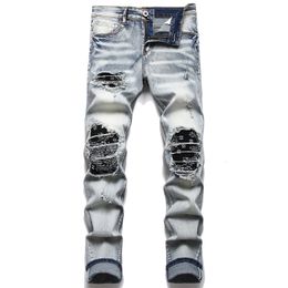Mens Jeans Men Biker Streetwear Paisley Bandana Print Patch Stretch Denim Pants Patchwork Holes Ripped Slim Straight Black Trousers 230825