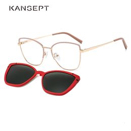 Fashion Sunglasses Frames KANSEPT Cat Eye Metal 2 In 1 Clip on Magnetic Glasses Frame for Women Optical Myopia Eyeglasses Polarised Sunglasses B23109 230825