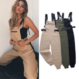 Women's Jumpsuits Rompers Khaki Womens Jumpsuit Long Elegant Zipper Pockets Sleeveless Adjusted Strap High Waist Cotton Fashion Autumn 230825