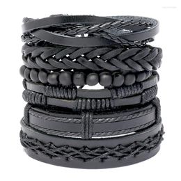 Bangle 6pcs/set Handmade Weave Bangles Ethnic Tribal Wood Beads Male Braided Black Genuine Leather Bracelets Cowhide Wristband Jewellery